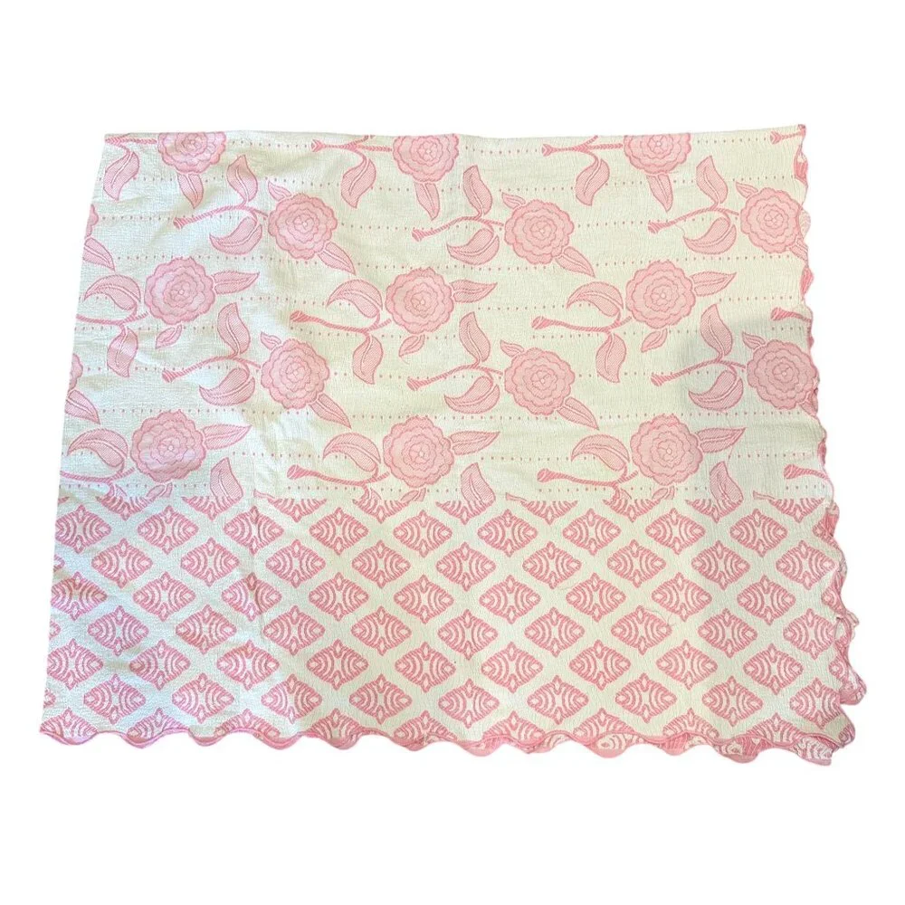 Vintage Pink Floral Coverlet Quilt 94x74 Embroidered Cotton Scalloped White